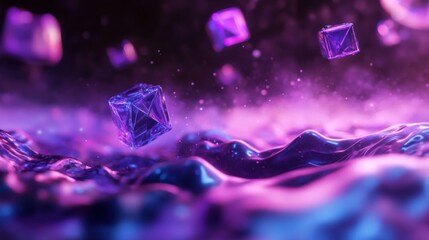 Floating geometric shapes and vibrant waves amidst a futuristic purple and blue aura