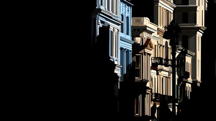 A stylized, city street scene, featuring tall buildings in shades of beige, blue, and muted tones, bathed in dramatic shadows.