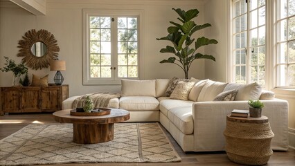 Obraz premium This peaceful living room showcases a low profile sectional sofa a round coffee table and ample natural light streaming through large windows