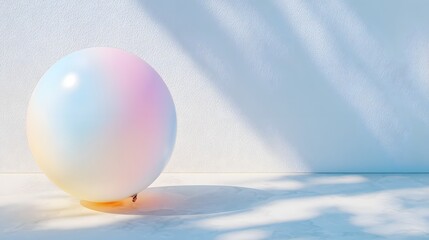 A pastel ombre balloon rests on a light marble surface, bathed in soft sunlight.