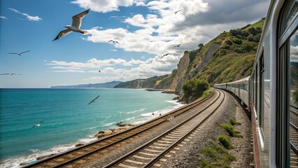 Enjoy a picturesque train ride along the coastline witnessing the ocean waves crash against cliffs while seagulls soar overhead in the clear skies