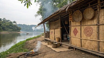 A tribal house constructed with natural materials stands by a riverbank surrounded by lush greenery with smoke rising from a nearby cooking fire