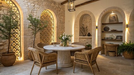 The serene dining room showcases a round stone table at its center surrounded by stylish rattan chairs