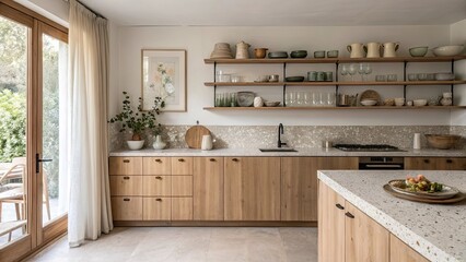 Modern kitchen features pale oak cabinetry and open shelving adorned with dishware creating a warm and inviting atmosphere ideal for cooking and entertaining