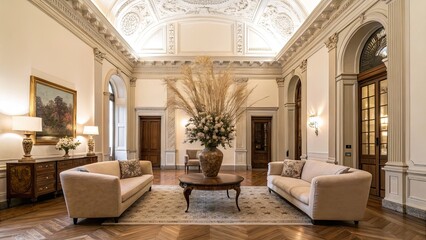 The elegant drawing room boasts tall ceilings with ornate details luxurious sofas a central table and a stunning floral display