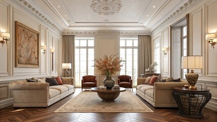 Elegant drawing room showcases tall ceilings and refined decor with plush seating intricate artwork and stylish lighting enhancing the luxurious atmosphere