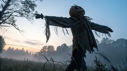 A scarecrow looms in a field casting a shadowy silhouette amidst creeping fog as twilight settles in creating an eerie haunting scene