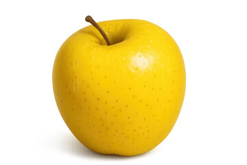 Ripe yellow apple with stem, close-up against transparent background, highlighting natural fruit freshness and color