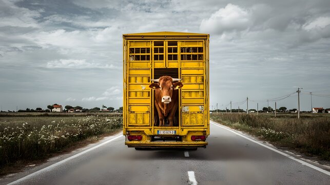 A brown cow is contained within a bright yellow livestock transport truck on a rural road.