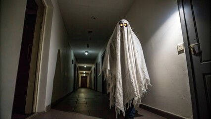 A terrifying ghost draped in white fabric walks silently down a dark corridor illuminated by soft lights. The hollow glowing eyes add to the eerie atmosphere