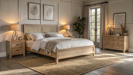 Soft linen bedding adorns a tranquil master bedroom complemented by natural decor and warm lighting creating a peaceful retreat for relaxation and rest