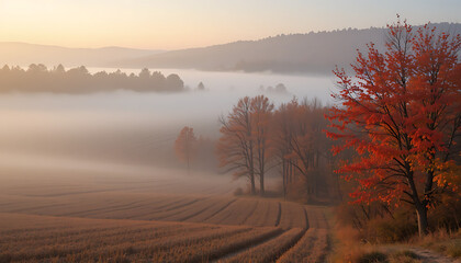 A vibrant red maple tree stands tall in the foreground, its fiery autumn leaves illuminated by the soft glow of a misty sunrise over rolling hills and a harvested field