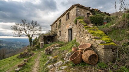 A weathered stone house rests on a hillside surrounded by greenery and a scenic landscape with a rustic path leading to the dwelling and woven baskets nearby