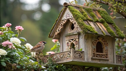 A charming bird house designed like a tiny cottage stands amidst blooming flowers while a sparrow perches near enjoying the tranquil day