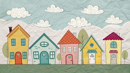 A delightful paper village showcases five unique houses in vibrant colors set against a soft sky with whimsical clouds evoking a playful atmosphere