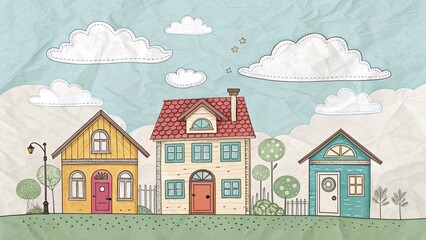 Delightful paper village showcases three colorful houses with unique designs against a light blue sky adorned with fluffy clouds surrounded by greenery