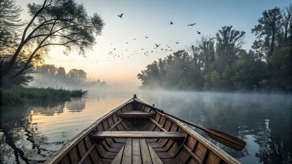 A wooden boat silently moves across a serene river at dawn enveloped by mist and accompanied by birds soaring above the lush banks