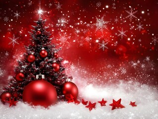 Red Christmas Tree Snow Festive Winter Holiday Background