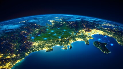 Fototapeta premium Global Network Connections Night Earth Map