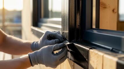 Installation of membrane tape around window frames in a passive house preventing drafts and improving overall building envelope integrity.