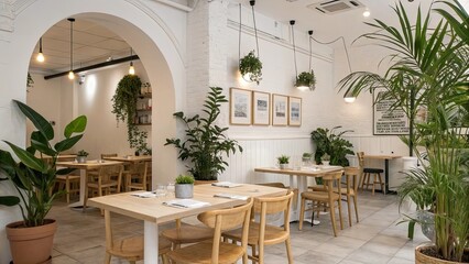 This Scandinavian inspired dining area showcases clean white walls natural wood furniture and lush plants creating a calming atmosphere for guests