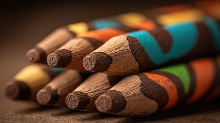 Close-up view of colorful pencils stacked together.
