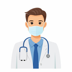 Illustration of a male doctor wearing a blue face mask, a white lab coat, a blue shirt, a tie, and a stethoscope around his neck, depicted against a white background.