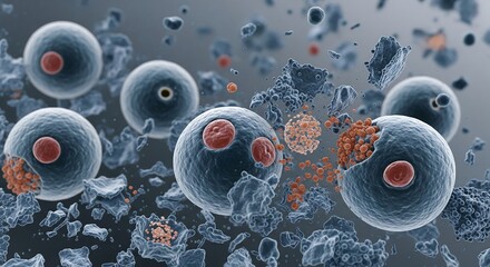 A microscopic 3D visualization of diseased cells disintegrating, representing apoptosis or therapeutic effects on a tumor