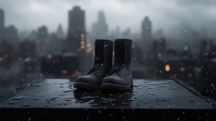 Lone pair of boots on rainy rooftop with blurred city skyline in background