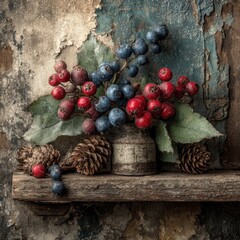Rustic berries in vintage pitcher on weathered shelf