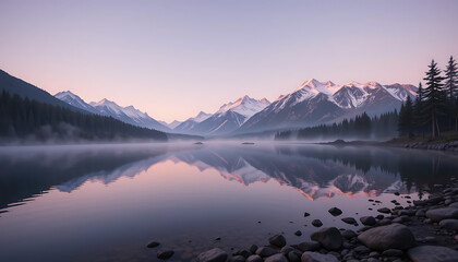 Misty mountains reflect in a calm lake at sunrise, with snowcapped peaks and a forest shoreline