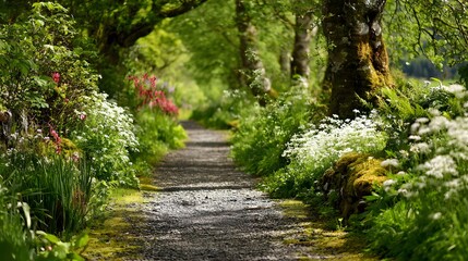 Naklejka premium A sun-drenched pathway winds through a vibrant garden, adorned with lush greenery and clusters of white flowers, creating a serene and peaceful scene.