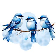 three blue birds on a branch