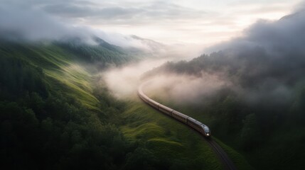 Scenic train journey through misty green hills and serene landscape at sunrise