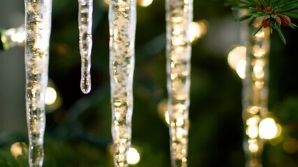 Icicles melting on tree with blurred lights - Powered by Adobe