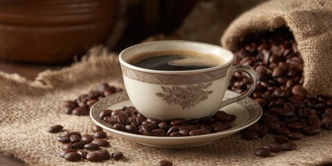 Fototapeta premium a cup and saucer with coffee, surrounded by scattered brown coffee beans on a wooden table with a burlap sack in the background Generative AI