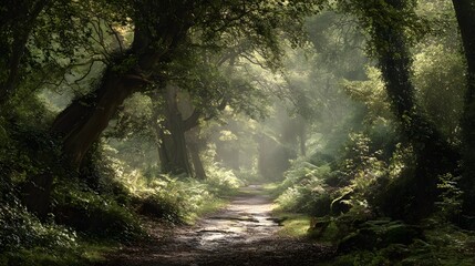 Obraz premium A sunlit path winds through a verdant forest, bathed in soft, ethereal light.
