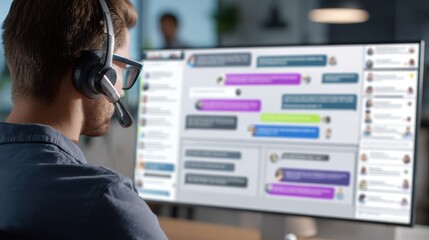Medium shot of a virtual assistant chatbot interface focused on screen with blurred customer interactions in the background highlighting AIdriven chat support for buyers.