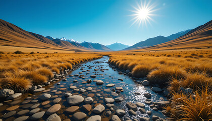 A clear blue sky shines brightly over a winding river flowing through a valley of golden grass and rocky shores, with snowcapped mountains in the distance