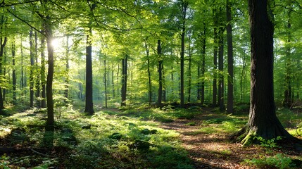 Obraz premium Sunlight filters through a dense forest, illuminating the verdant undergrowth and towering trees.