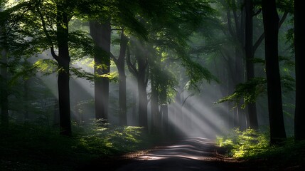 Sunlight streams through a misty forest, illuminating a pathway lined with tall trees.