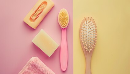 Pastel bathroom essentials on split background