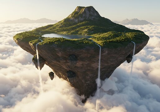 Lush Floating Island Amidst Clouds with Cascading Waterfalls. Generative Ai