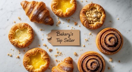 Bakery's Top Seller: A Golden Assortment of Pastries on a White Marble Counter.