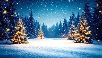 Fototapeta premium Snowy Forest with Christmas Trees, and Night.
