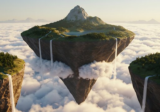 Lush Floating Island Amidst Clouds with Cascading Waterfalls. Generative Ai