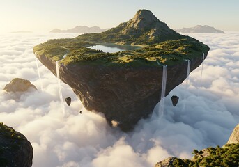 Lush Floating Island Amidst Clouds with Cascading Waterfalls. Generative Ai