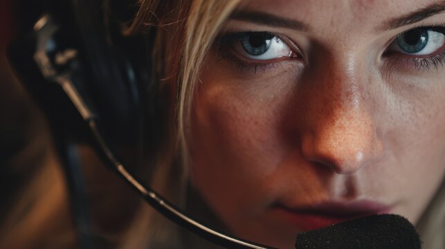 Medium shot of a talkback conversation through a headset focused on expressive lips speaking blurred audio equipment filling the booth background.