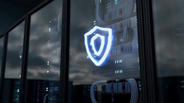 Server rack protection with digital shield appearing, secure network infrastructure