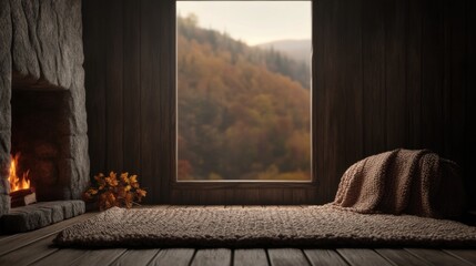 Cozy cabin interior with fireplace and forest view through large window